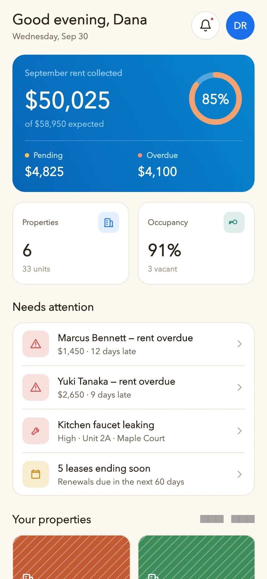 MYAQAR dashboard showing sample rent collection, occupancy and portfolio overview